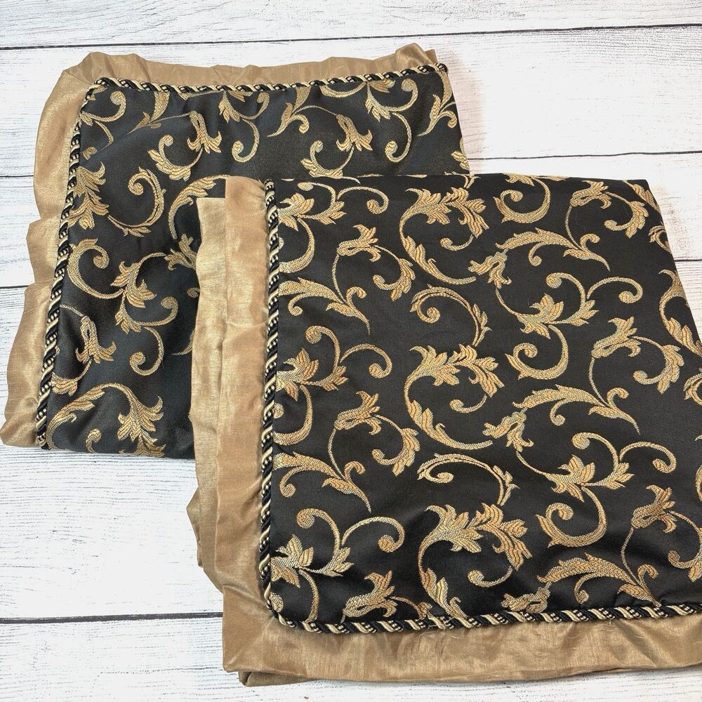 CROSCILL Pennington Euro Shams Set of 2 Black Gold Damask Regal Ornate 26x26 Zip